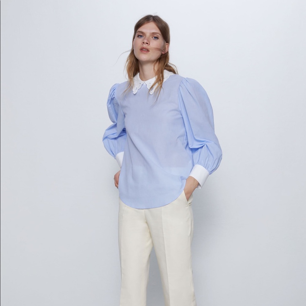 ZARA Blue White Contrasting Poplin Summer Blouse Shirt